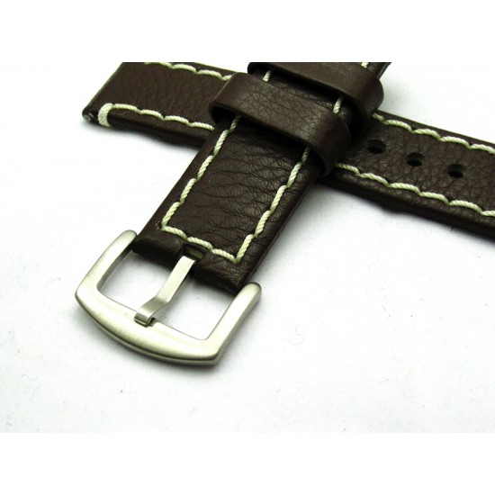 HNS 24MM Italian Dark Brown Calf Strap With Handed White Rough Sewn In Brushed Buckle