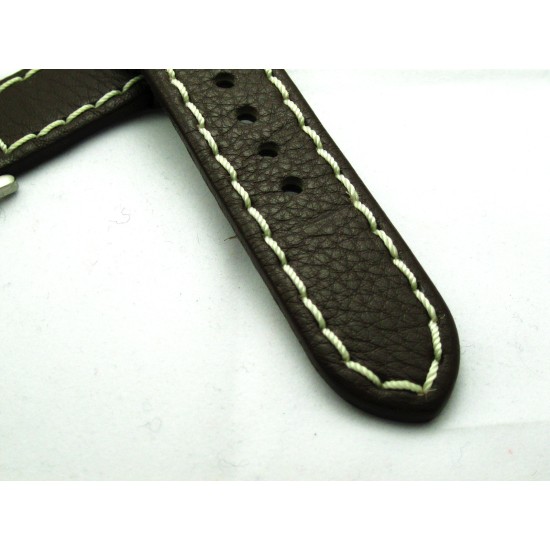 HNS 24MM Italian Dark Brown Calf Strap With Handed White Rough Sewn In Brushed Buckle