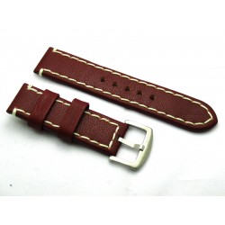 HNS 24MM Italian Dark Red Calf Strap With Handed White Rough Sewn In Brushed Buckle