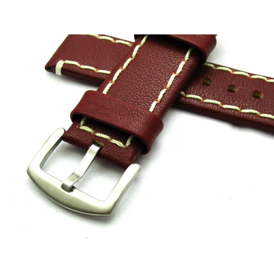 HNS 24MM Italian Dark Red Calf Strap With Handed White Rough Sewn In Brushed Buckle
