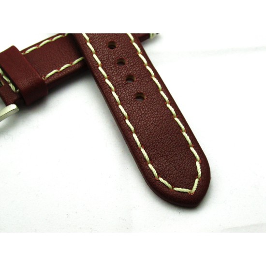 HNS 24MM Italian Dark Red Calf Strap With Handed White Rough Sewn In Brushed Buckle