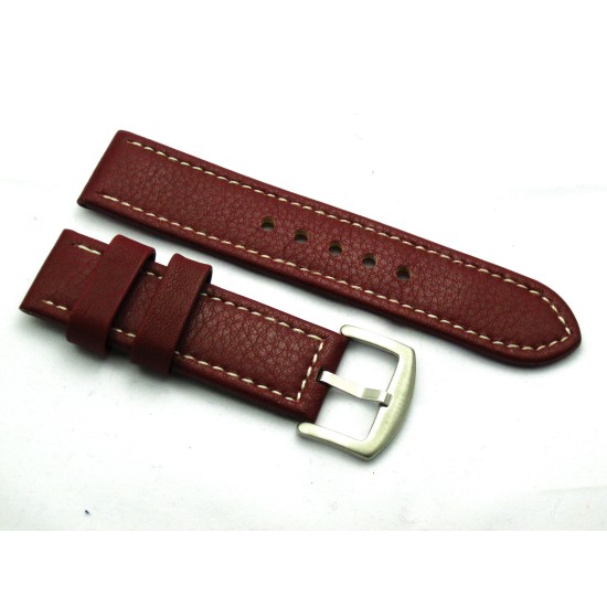 HNS 24MM Italian Dark Red Calf Strap With Handed White Slim Sewn In Brushed Buckle