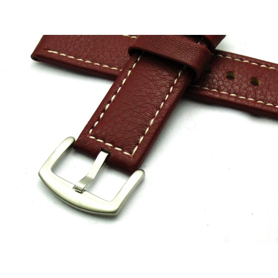 HNS 24MM Italian Dark Red Calf Strap With Handed White Slim Sewn In Brushed Buckle
