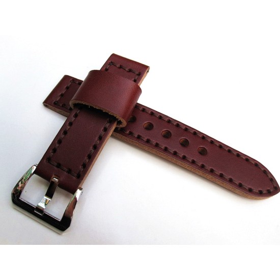 HNS 22MM Handmade Italian Dark Brown Calf Strap With Handed Brown Sewn In PRE-V Brushed Buckle