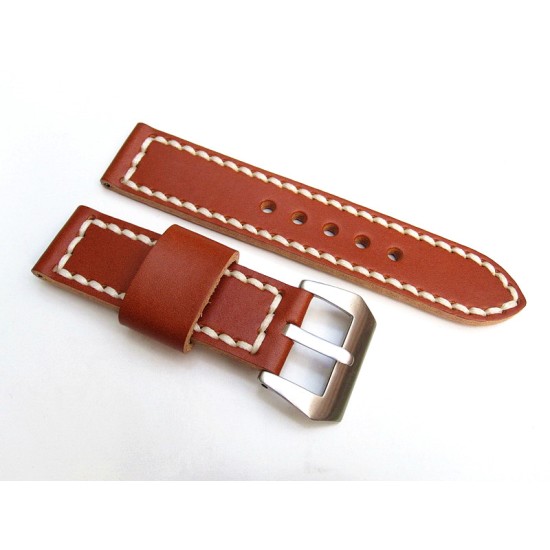 HNS 24MM Handmade Italian Calf Tan Strap With Handed White Sewn PRE-V Brushed Buckle
