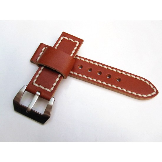 HNS 24MM Handmade Italian Calf Tan Strap With Handed White Sewn PRE-V Brushed Buckle