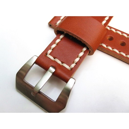 HNS 24MM Handmade Italian Calf Tan Strap With Handed White Sewn PRE-V Brushed Buckle