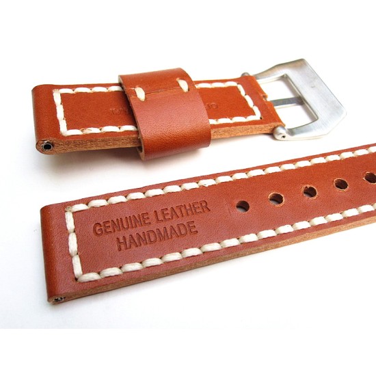 HNS 24MM Handmade Italian Calf Tan Strap With Handed White Sewn PRE-V Brushed Buckle