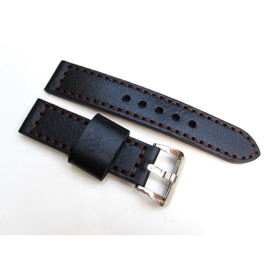 HNS 22MM Handmade Italian Calf Black Strap With Handed Brown Sewn In PRE-V Polished Buckle