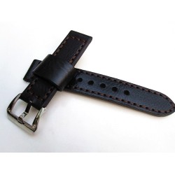 HNS 22MM Handmade Italian Calf Black Strap With Handed Brown Sewn In PRE-V Polished Buckle
