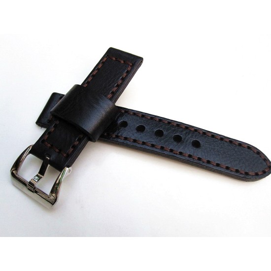 HNS 22MM Handmade Italian Calf Black Strap With Handed Brown Sewn In PRE-V Polished Buckle