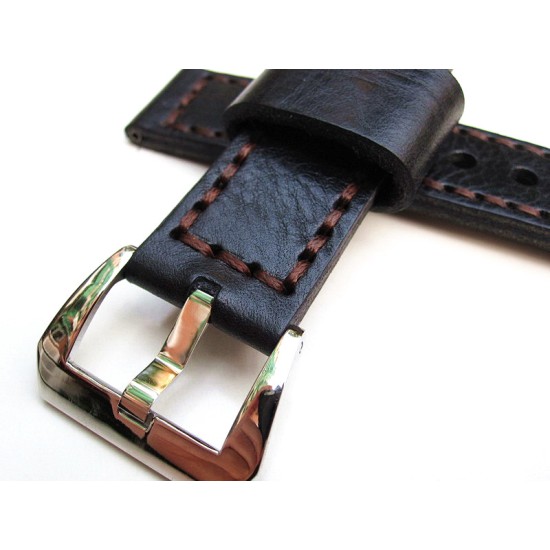 HNS 22MM Handmade Italian Calf Black Strap With Handed Brown Sewn In PRE-V Polished Buckle