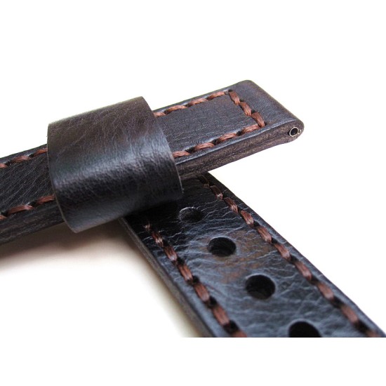 HNS 22MM Handmade Italian Calf Black Strap With Handed Brown Sewn In PRE-V Polished Buckle