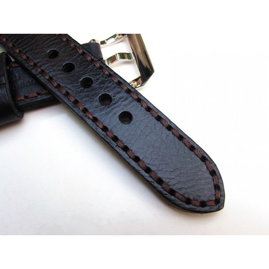 HNS 22MM Handmade Italian Calf Black Strap With Handed Brown Sewn In PRE-V Polished Buckle