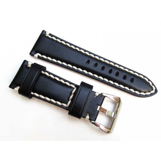 HNS 26MM Handmade Black Italian Calf Strap with Handed White sewn in PRE-V Polished Buckle