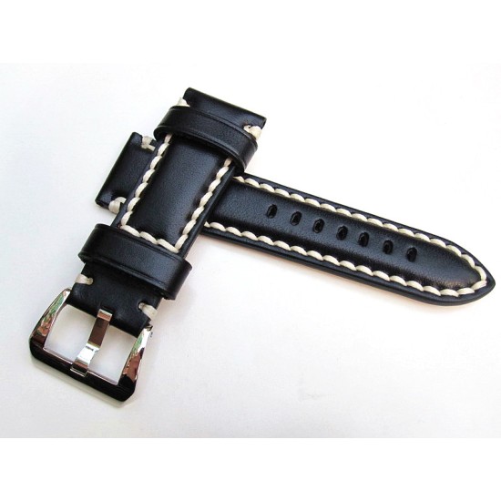 HNS 26MM Handmade Black Italian Calf Strap with Handed White sewn in PRE-V Polished Buckle