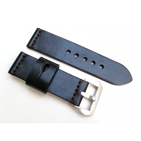HNS 26MM Handmade Natural Black Strap With Handed Brown Sewn In PRE-V Brushed Buckle