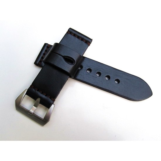 HNS 26MM Handmade Natural Black Strap With Handed Brown Sewn In PRE-V Brushed Buckle