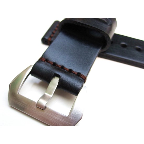 HNS 26MM Handmade Natural Black Strap With Handed Brown Sewn In PRE-V Brushed Buckle