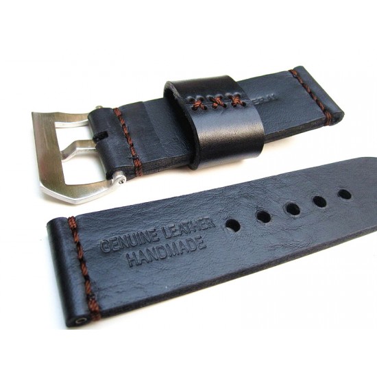 HNS 26MM Handmade Natural Black Strap With Handed Brown Sewn In PRE-V Brushed Buckle