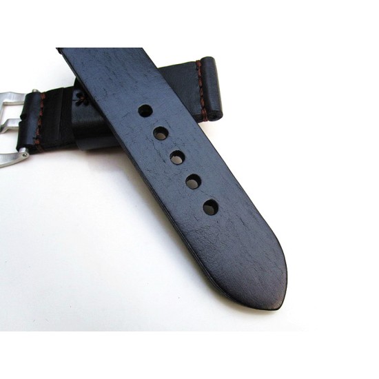 HNS 26MM Handmade Natural Black Strap With Handed Brown Sewn In PRE-V Brushed Buckle