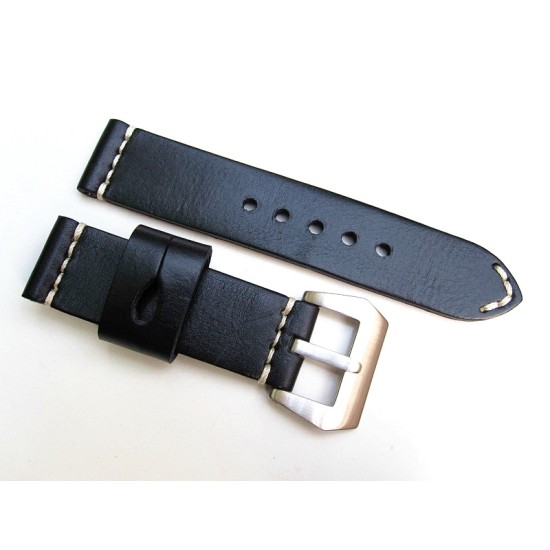 HNS 24MM Handmade Natural Black Strap With Handed White Sewn In PRE-V Brushed Buckle