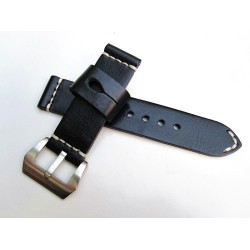HNS 24MM Handmade Natural Black Strap With Handed White Sewn In PRE-V Brushed Buckle