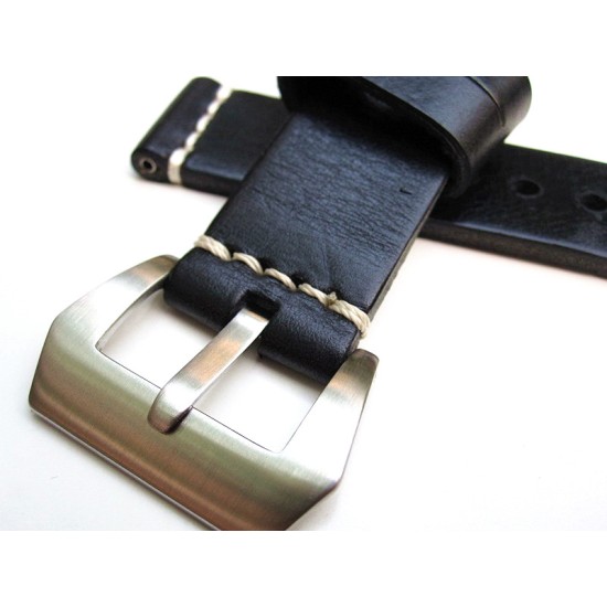 HNS 24MM Handmade Natural Black Strap With Handed White Sewn In PRE-V Brushed Buckle