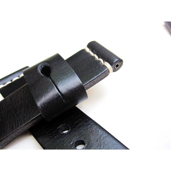HNS 24MM Handmade Natural Black Strap With Handed White Sewn In PRE-V Brushed Buckle