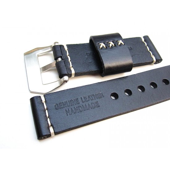 HNS 24MM Handmade Natural Black Strap With Handed White Sewn In PRE-V Brushed Buckle
