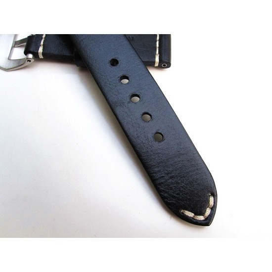 HNS 24MM Handmade Natural Black Strap With Handed White Sewn In PRE-V Brushed Buckle