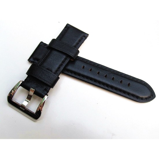 HNS 24MM Handmade Natural Black Strap With Black Sewn In PRE-V Polished Buckle