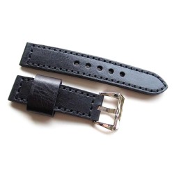 HNS 22MM Handmade Italian Calf Black Strap With Handed Black Sewn PRE-V Polished Buckle