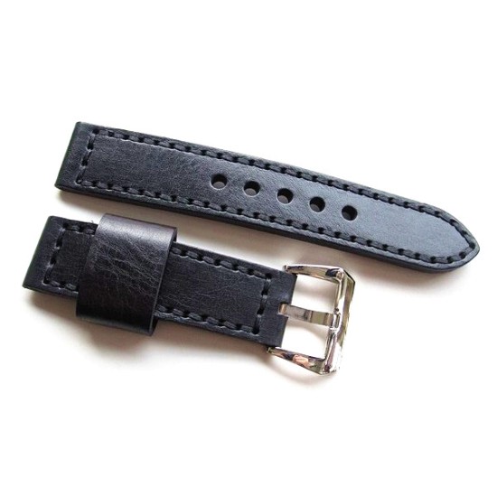 HNS 22MM Handmade Italian Calf Black Strap With Handed Black Sewn PRE-V Polished Buckle