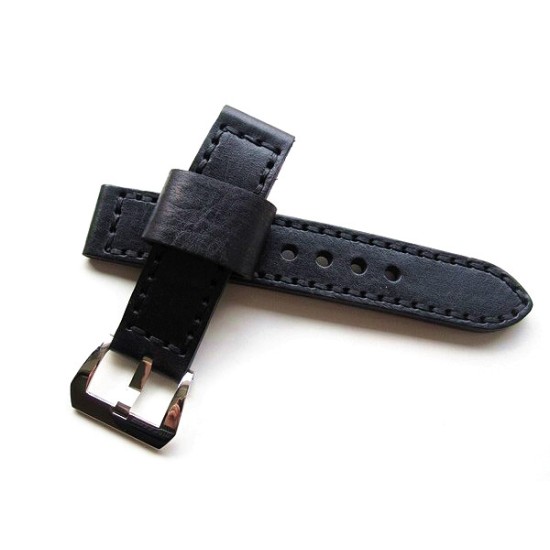 HNS 22MM Handmade Italian Calf Black Strap With Handed Black Sewn PRE-V Polished Buckle