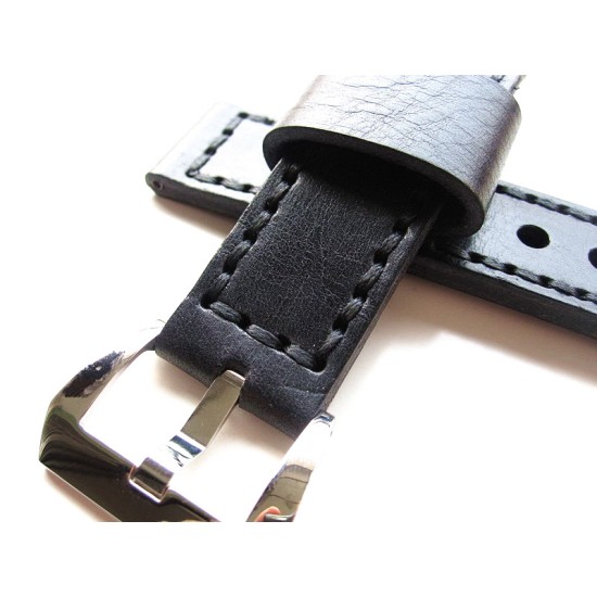 HNS 22MM Handmade Italian Calf Black Strap With Handed Black Sewn PRE-V Polished Buckle