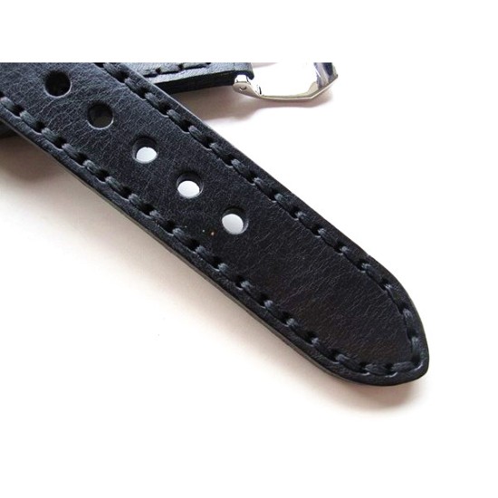 HNS 22MM Handmade Italian Calf Black Strap With Handed Black Sewn PRE-V Polished Buckle