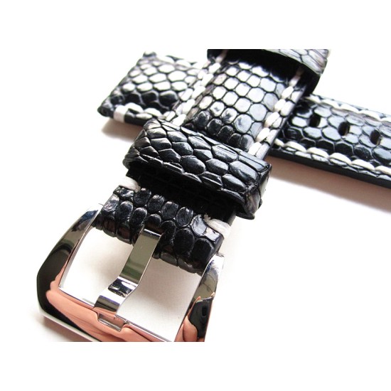 HNS 26MM Handmade The Nile Yi Dragon Black Skin Watch Strap With Handed White Sewn In PRE-V Polished Buckle