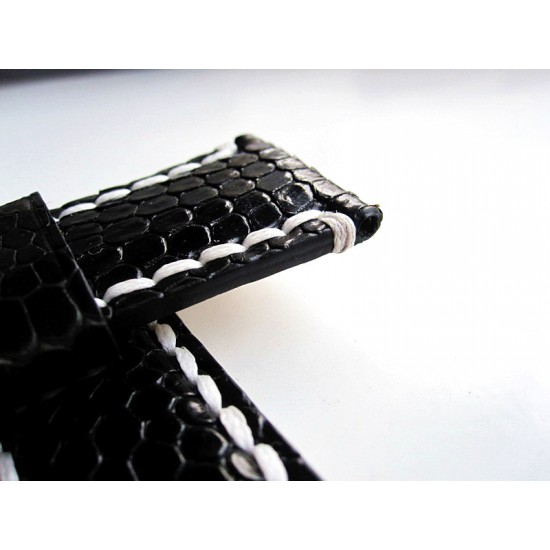 HNS 26MM Handmade The Nile Yi Dragon Black Skin Watch Strap With Handed White Sewn In PRE-V Polished Buckle