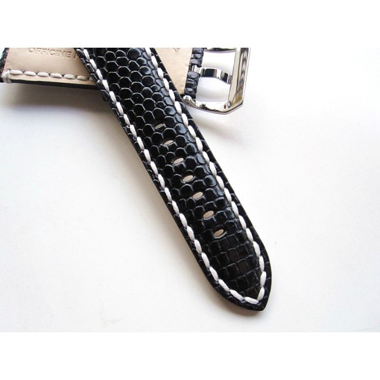 HNS 26MM Handmade The Nile Yi Dragon Black Skin Watch Strap With Handed White Sewn In PRE-V Polished Buckle