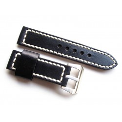 HNS 24MM Handmade Italian Natural Black Strap With Handed White Sewn In PRE-V Brushed Buckle