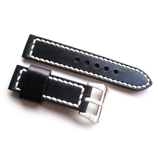 HNS 24MM Handmade Italian Natural Black Strap With Handed White Sewn In PRE-V Brushed Buckle