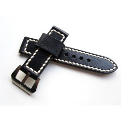 HNS 24MM Handmade Italian Natural Black Strap With Handed White Sewn In PRE-V Brushed Buckle