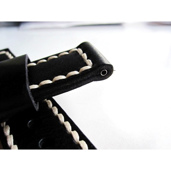 HNS 24MM Handmade Italian Natural Black Strap With Handed White Sewn In PRE-V Brushed Buckle
