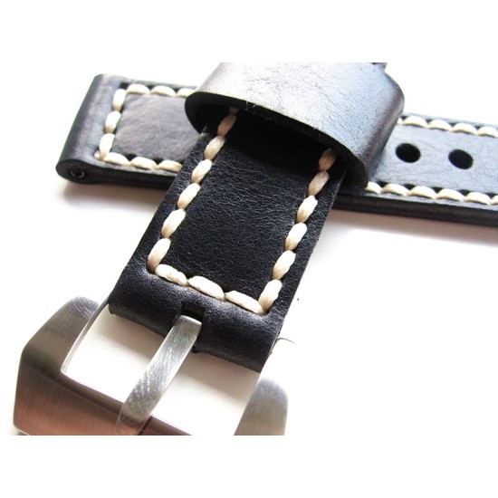 HNS 24MM Handmade Italian Natural Black Strap With Handed White Sewn In PRE-V Brushed Buckle