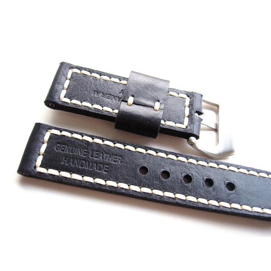 HNS 24MM Handmade Italian Natural Black Strap With Handed White Sewn In PRE-V Brushed Buckle