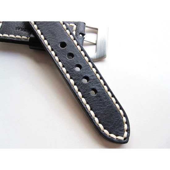 HNS 24MM Handmade Italian Natural Black Strap With Handed White Sewn In PRE-V Brushed Buckle