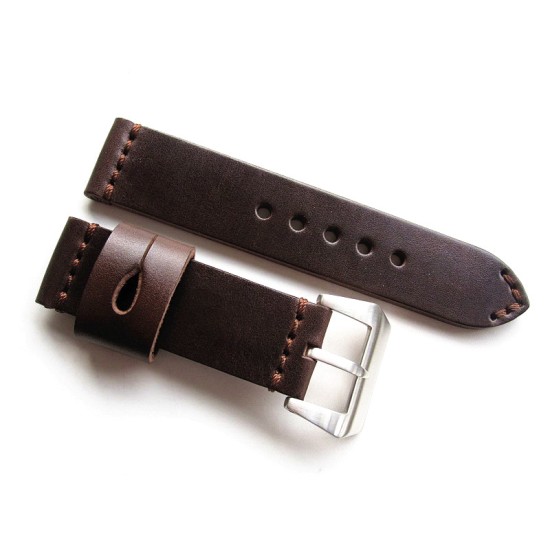 HNS 24MM Handmade Italia Dark Brown Strap With Handed Tan Sewn PRE-V Brushed Buckle