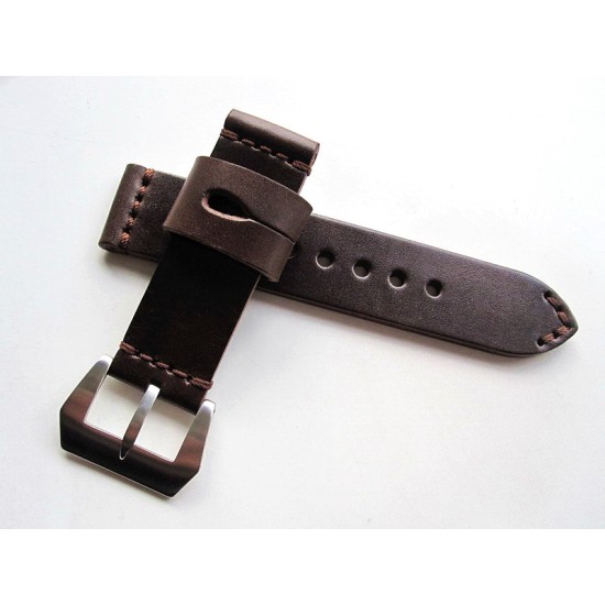 HNS 24MM Handmade Italia Dark Brown Strap With Handed Tan Sewn PRE-V Brushed Buckle