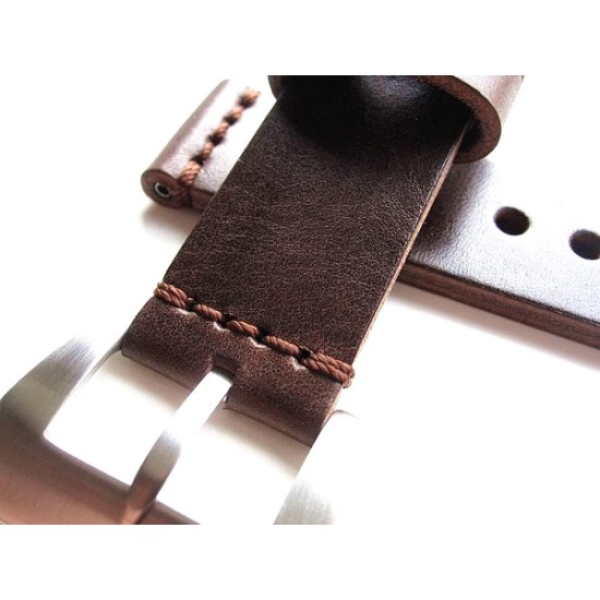 HNS 24MM Handmade Italia Dark Brown Strap With Handed Tan Sewn PRE-V Brushed Buckle